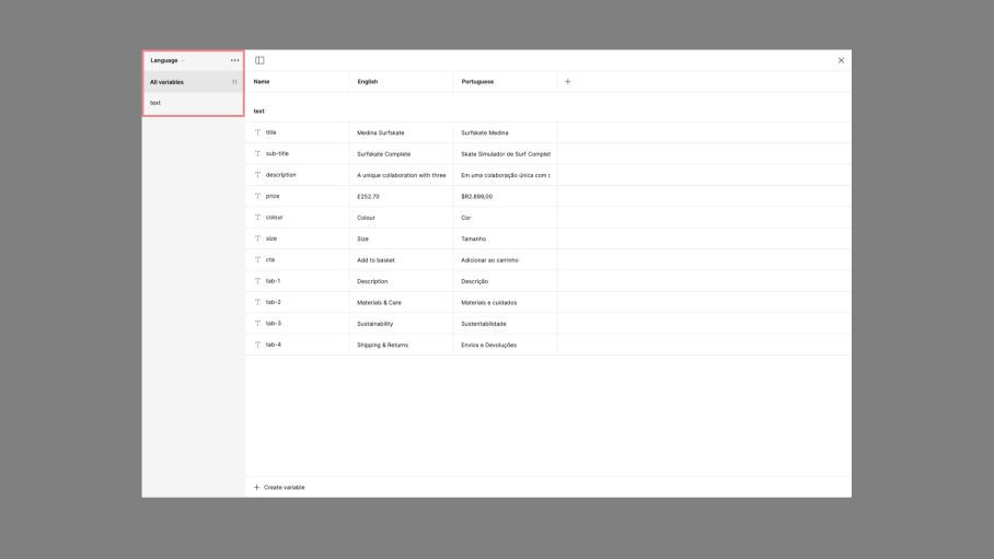 Screens of the Figma variables interface showing the language collection