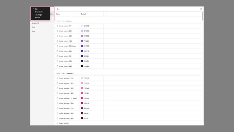 Screenshot of the Figma interface showing the variable collection dropdown menu