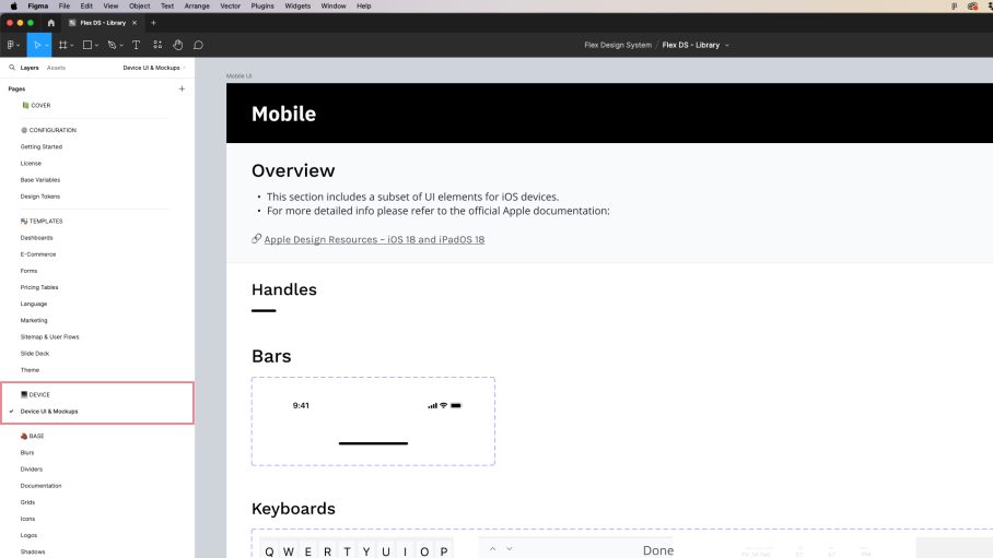 Screenshot of the Figma interface showing the device section