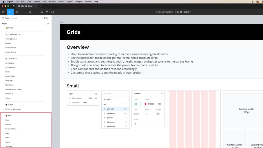 Screenshot of the Figma interface showing the base components section