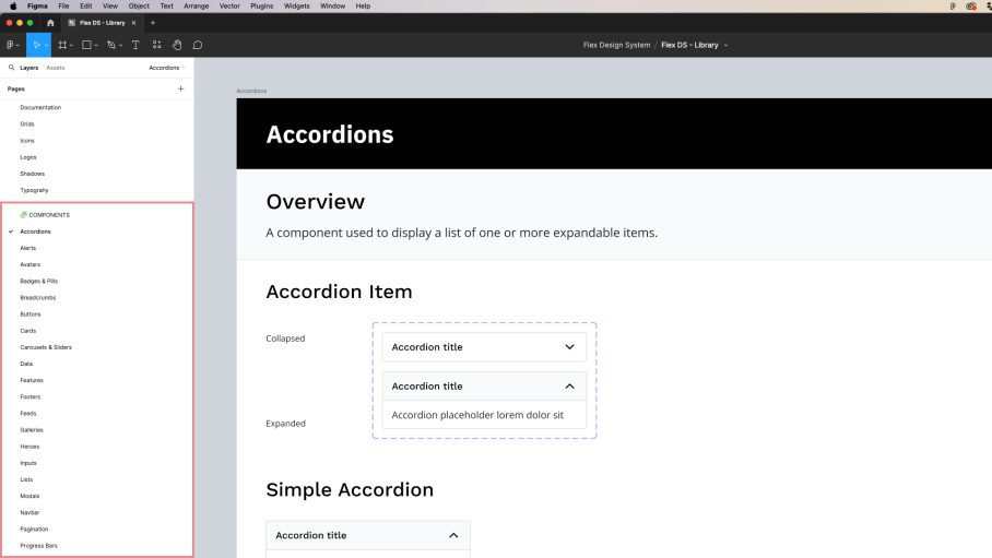 Screenshot of the Figma interface showing the main components section