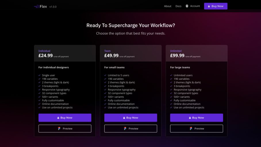 Screenshot of the Flex Design System website showing the pricing table