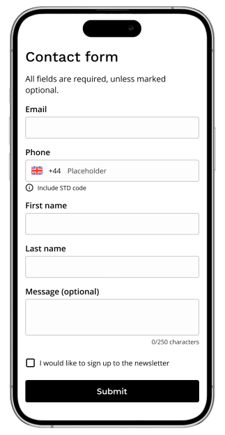 Contact form wireframe shown on a mobile device