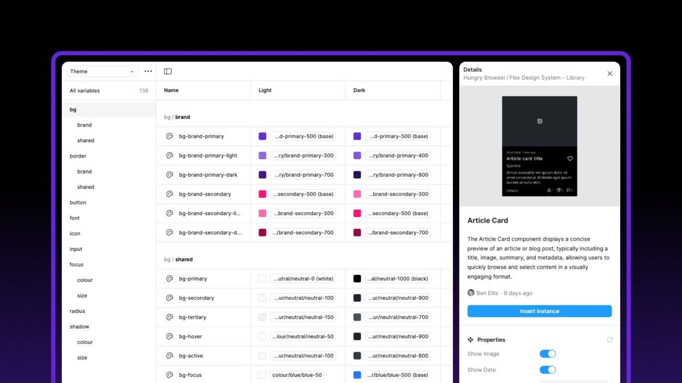 Screenshot of Figma design tokens table and a component preview.