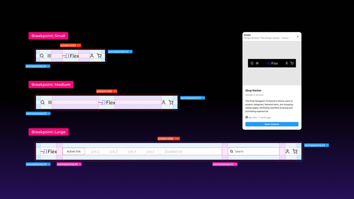 Responsive navigation component in Flex Design System that adjusts layout per breakpoint