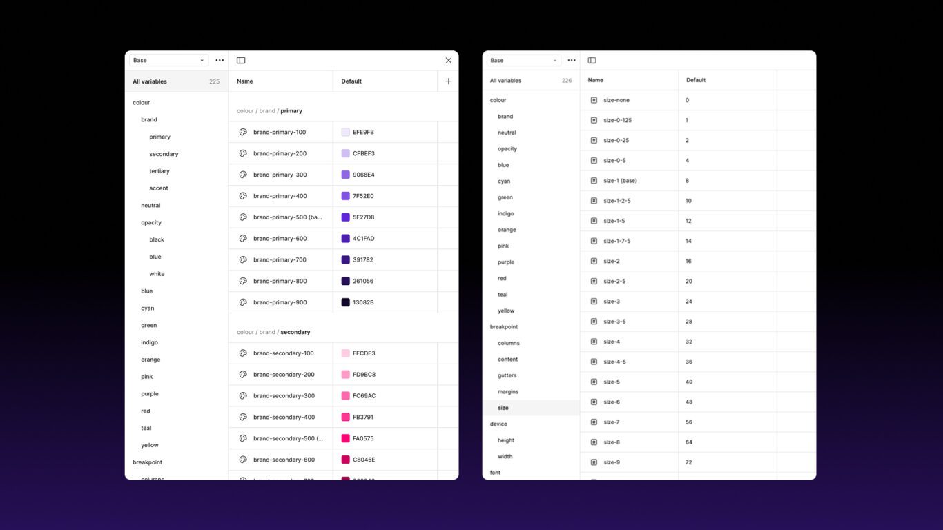 Flex Design System screenshot showing structured variable collections in Figma