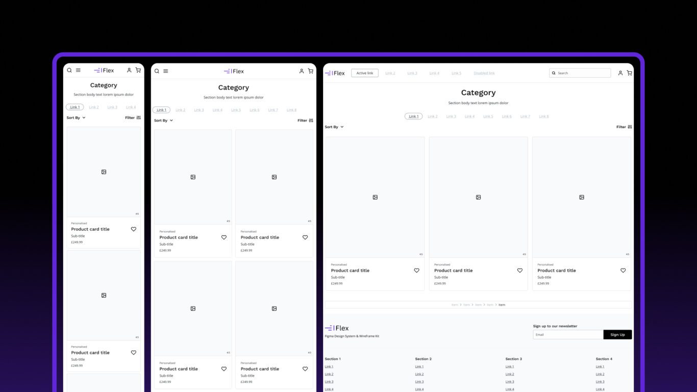 Responsive components in Figma using Flex Design System with design tokens for layouts and breakpoints.