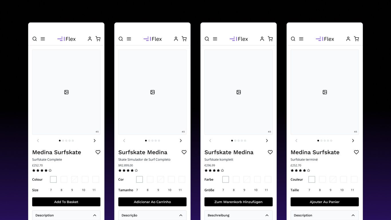 Example of language-specific design tokens for mobile product details screen using Flex Design System in Figma
