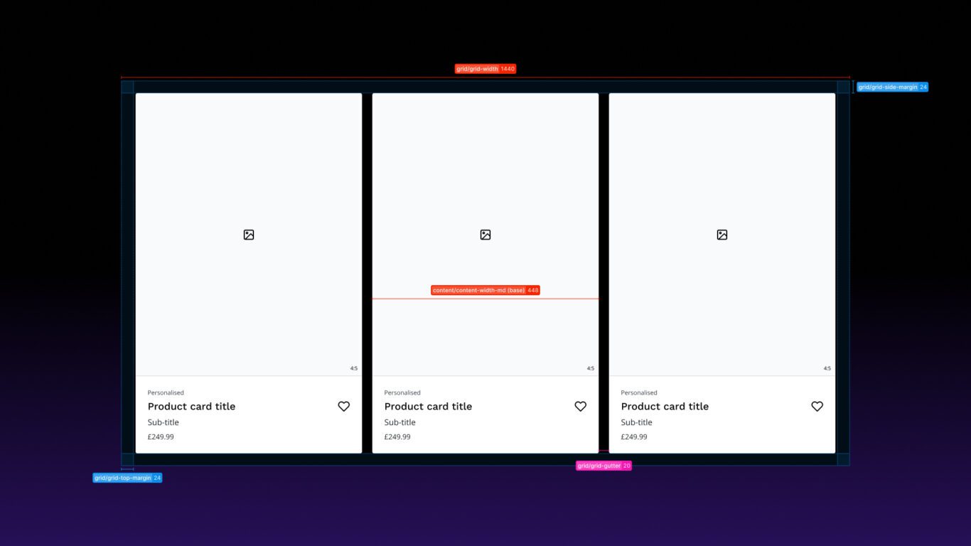 Product category page grid layout composed of product cards using Flex Design System's spacing design tokens