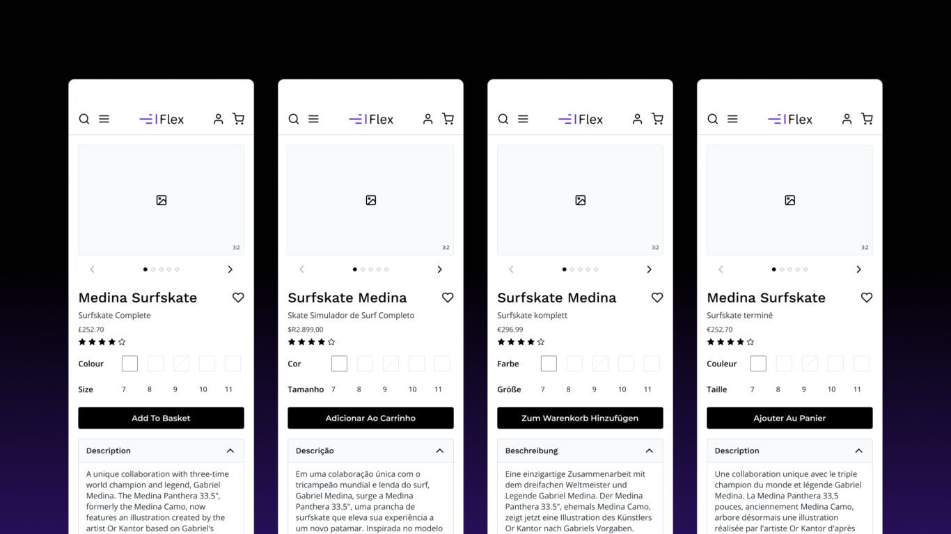 E-commerce product details page (PDP) showing real data with localisation applied in Flex Design System