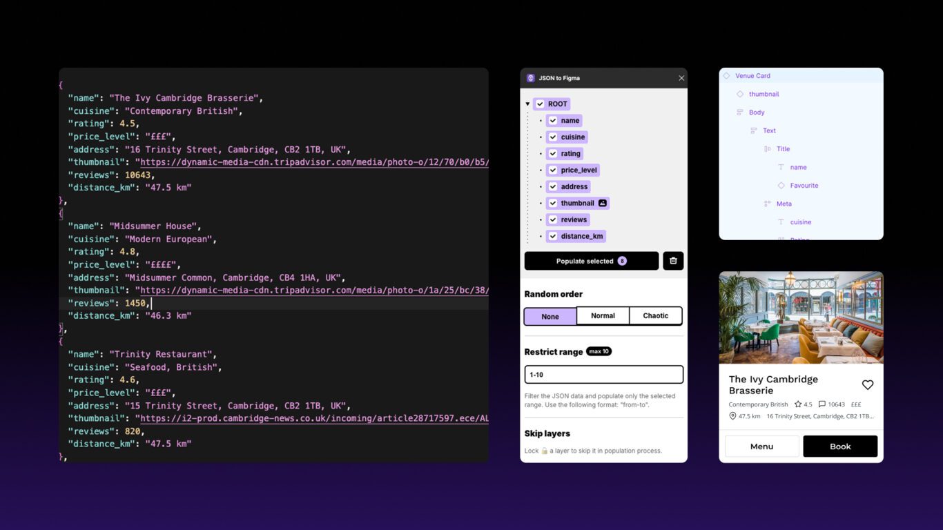 Figma layout showing mapping of JSON keys to layer names for real-data integration in Flex Design System