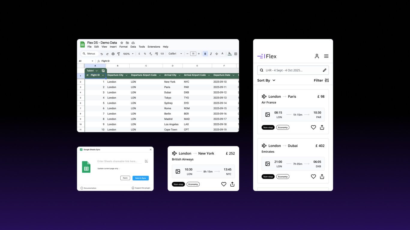 Example of a UI card populated with real data via Google Sheets in Flex Design System