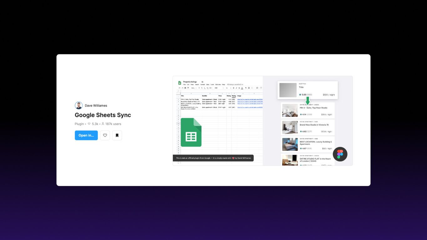 Figma screen showing design populated with real data from Google Sheets plugin in Flex Design System
