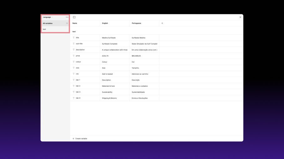 Screens of the Figma variables interface showing the language collection