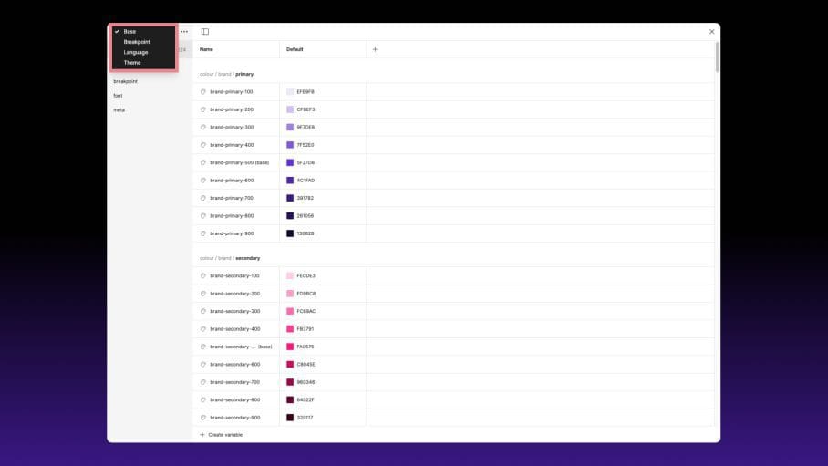 Screenshot of the Figma interface showing the variable collection dropdown menu