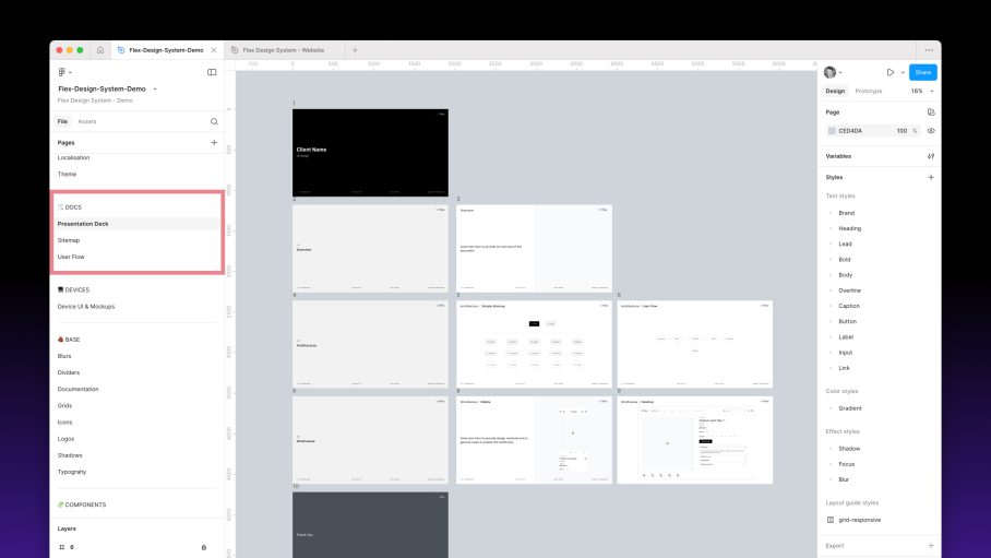 Screenshot of the Figma interface showing the base components section