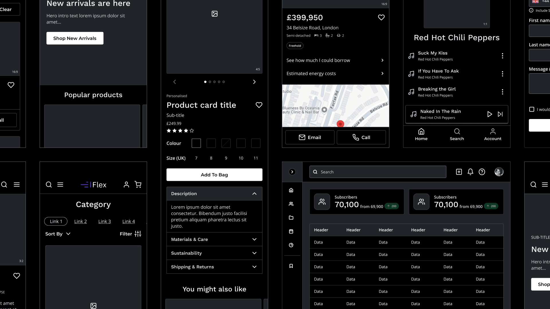 A selection of mobile wireframes styled in dark mode.