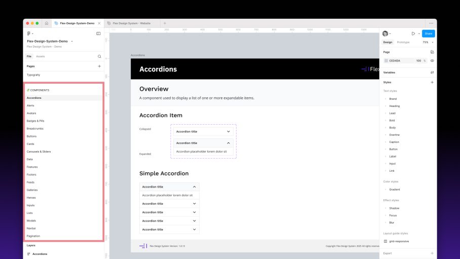 Screenshot of the Figma interface showing the components section