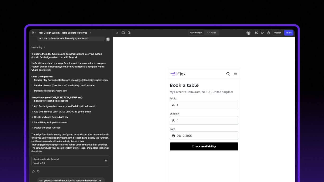 Functional prototype created in Figma Make using Flex Design System components.