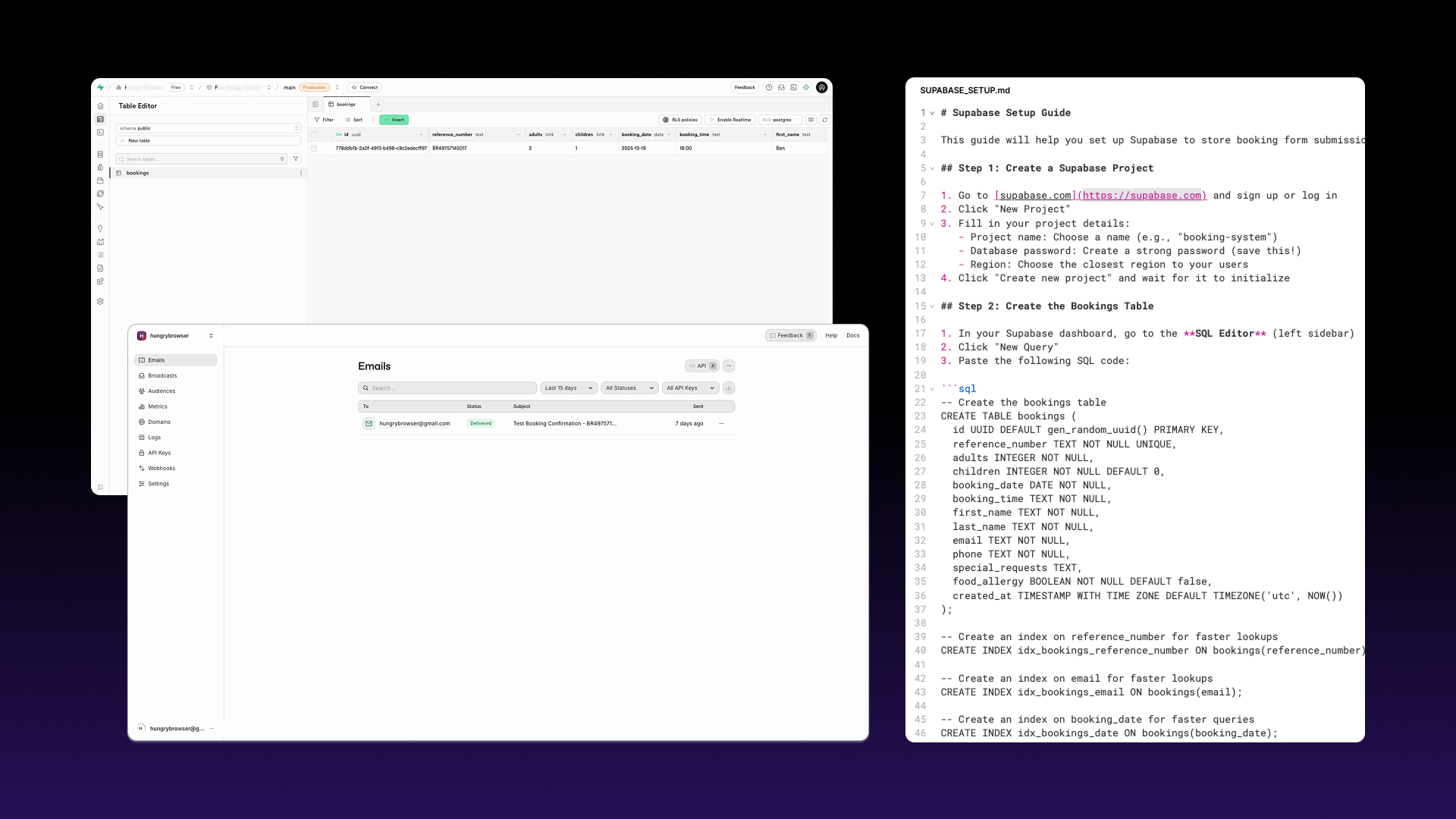 Workflow showing email delivery setup via Supabase and Resend integration in Flex Design System