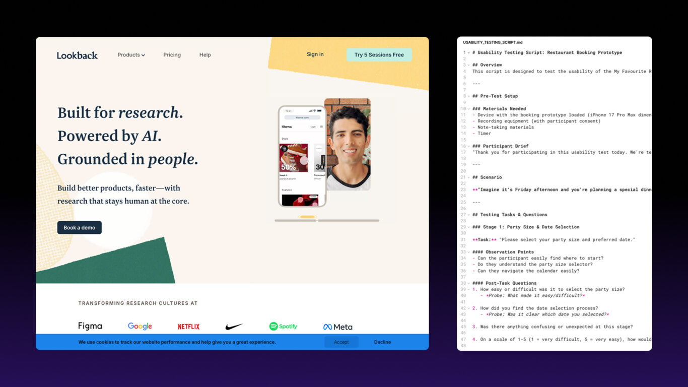 Usability testing with Lookback and a sample of testing guide created by Figma Make.