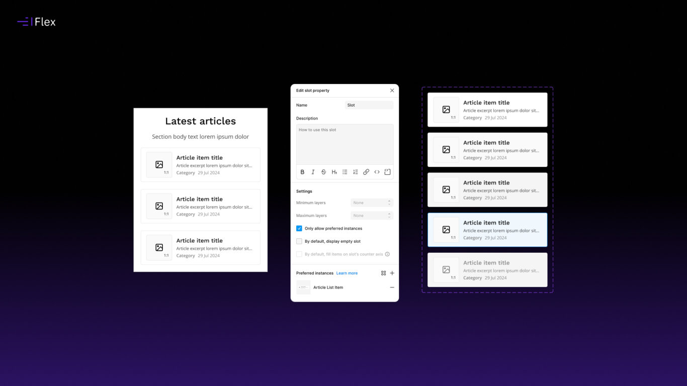 Flex Design System example highlighting limitations of slot-based components in Figma