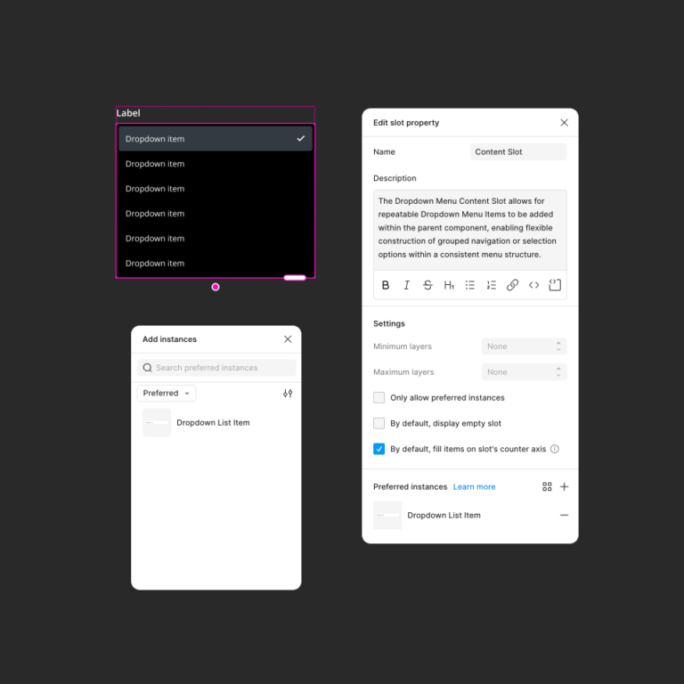 Dropdown menu component with Figma slots support for adding multiple list items.