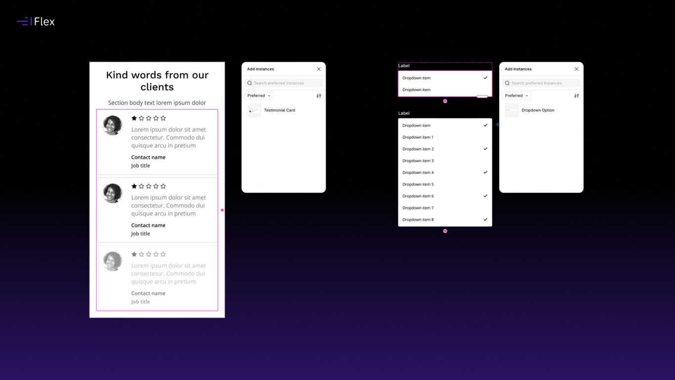 Figma design system components demonstrating flexible slot-based structure