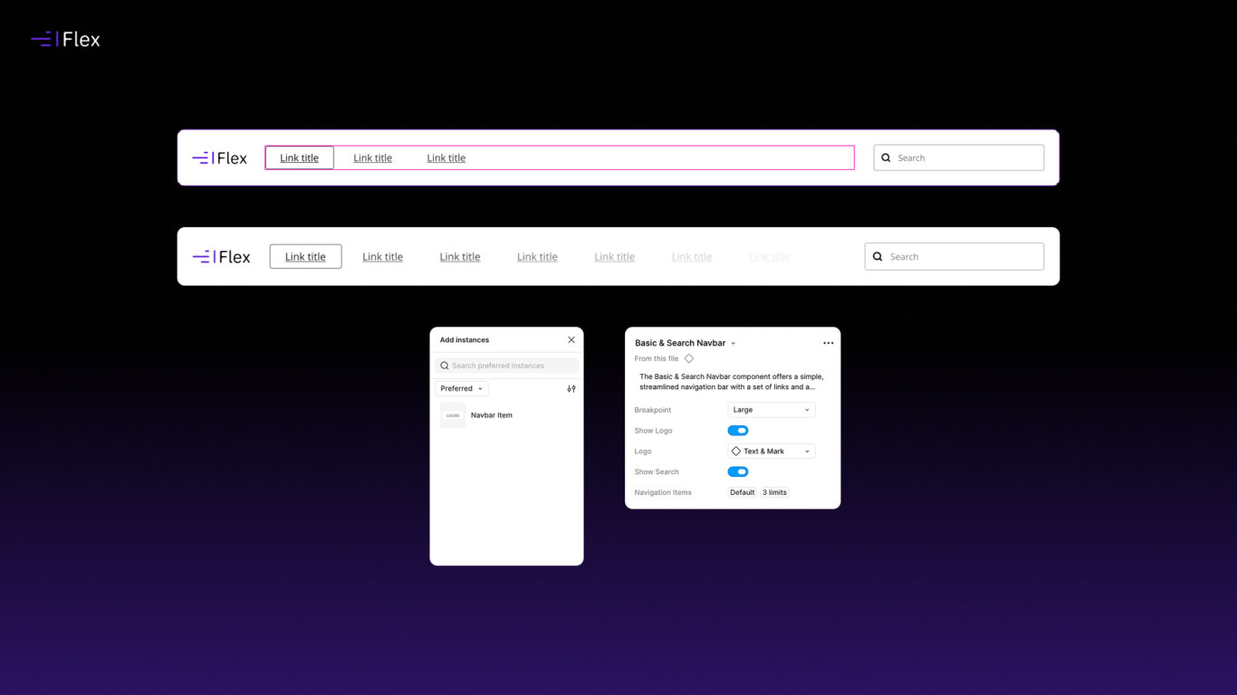 Flex Design System example of scalable slot-based component structure in Figma.