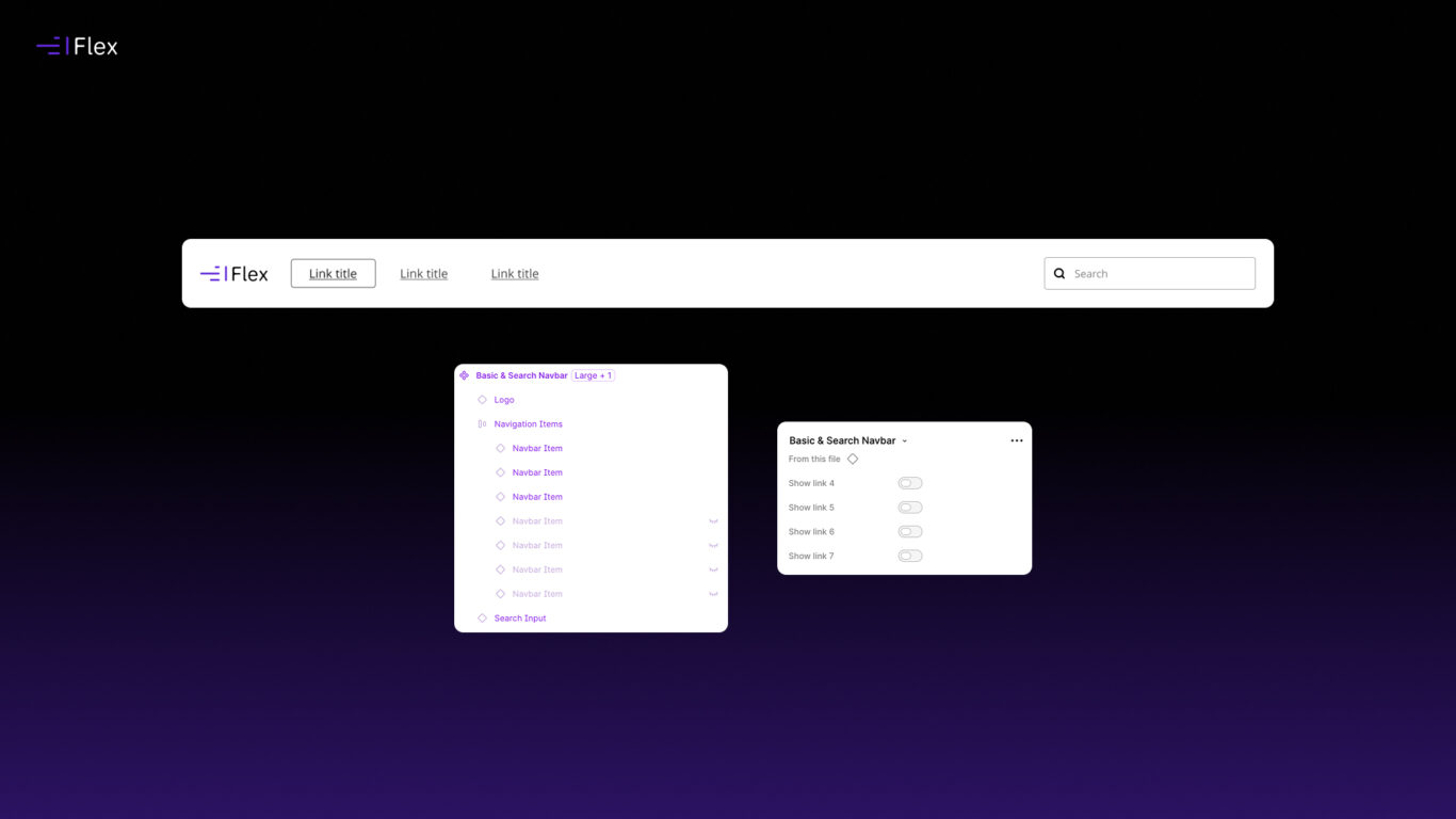 Classic Figma component setup showing traditional component structure with hidden layers and boolean properties in Flex Design System.