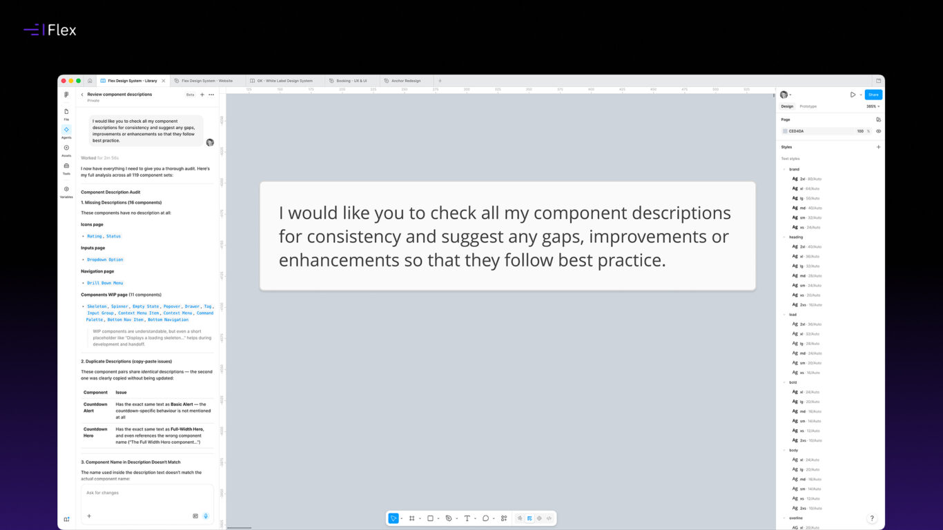 Figma Agent prompt for auditing Figma component descriptions and documentation