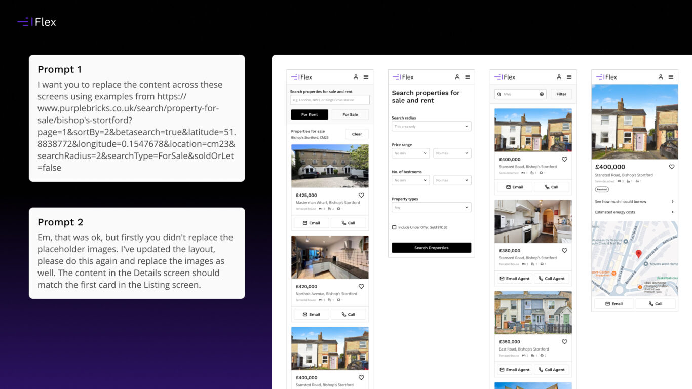 AI prompt for populating Figma designs with realistic content in Flex Design System