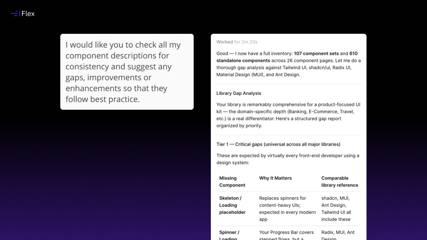 Figma agent prompt to identify gaps in component coverage when captured to industry best practice