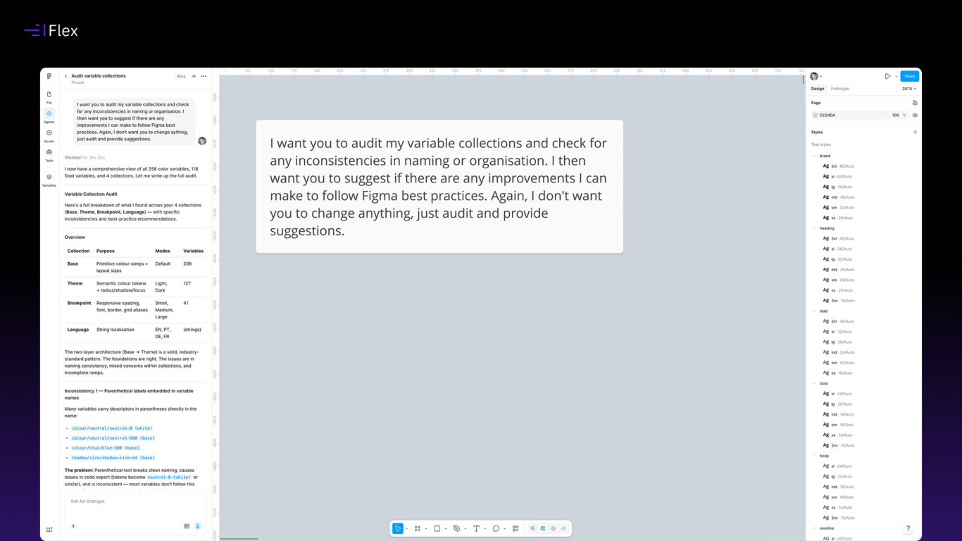 Flex Design System prompt for auditing variable collections and design tokens in Figma