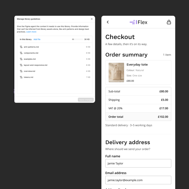 Screenshot showing the Figma manage guidelines dialog next to a mobile checkout screen that was created by the Figma Agent.