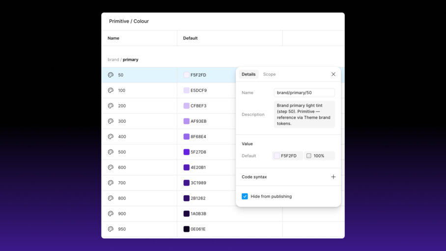 Screenshot showing the detail panel and variable description within the variables section in Figma.