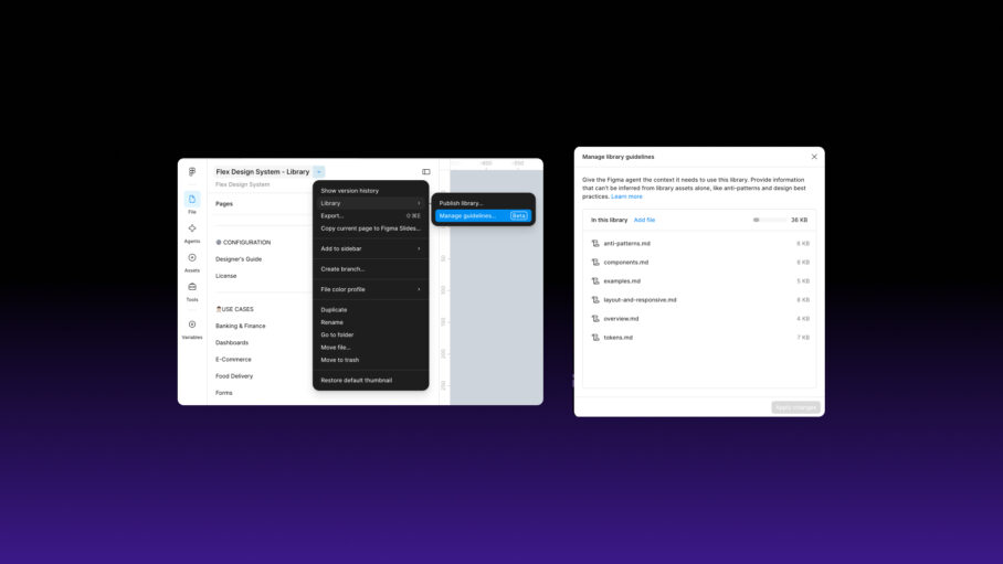 Screen shot of the Figma UI showing how to add guideline markdown files to a Figma library.