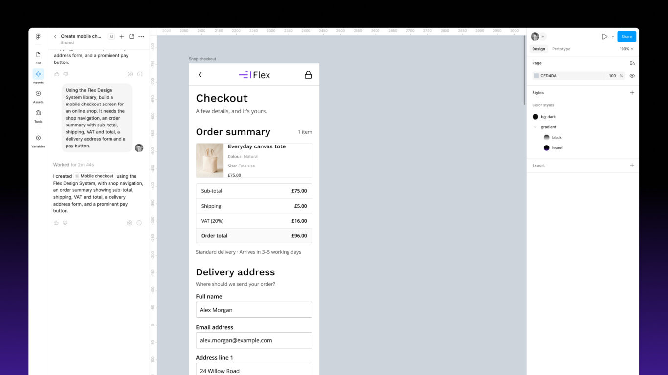 Figma Agent prompt for a mobile checkout screen, next to the screen it built with Flex components.