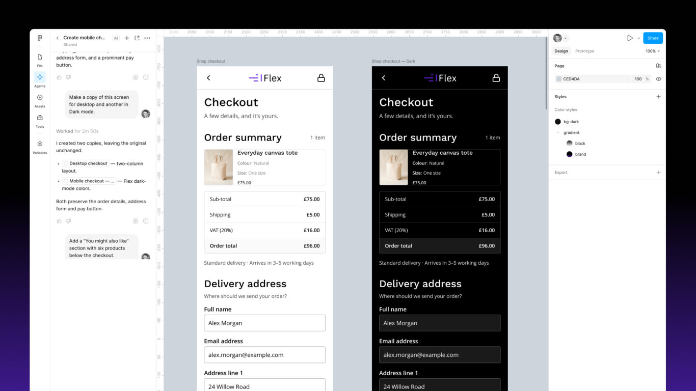 The agent's mobile checkout screen in Light mode next to the Dark mode copy it made.