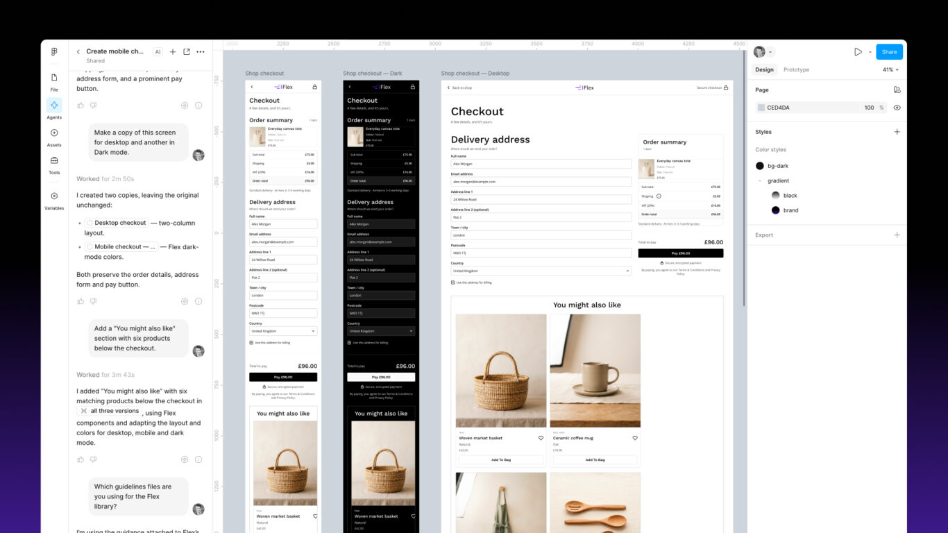 Mobile, Dark and desktop checkout screens with a You might also like section added by Figma Agent.