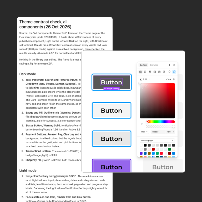 Screenshot showing results of an accessibility audit ran by Claude and a manual fix to a button with the Figma colour picker and accessibility checker.